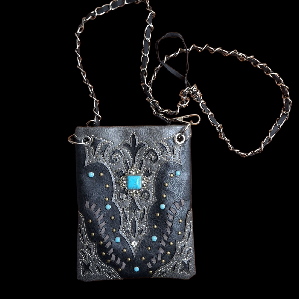 Western Faux Leather Rhinestone Turquoise Crossbody Bag Phone Pouch